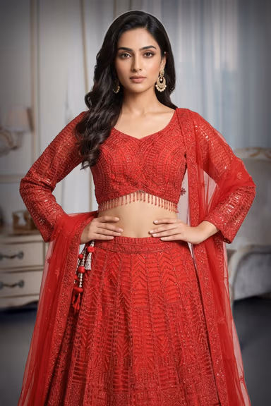 Cherry Red Crop Top Lehenga With Heavy Stonework And Threadwork — view 1 of 2