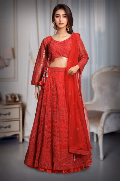 Cherry Red Crop Top Lehenga With Heavy Stonework And Threadwork — view 2 of 2