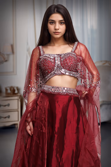 Cherry Red Pre Wedding Lehenga With Exquisite Stoneworked Crop Top Along With Same Color Dupatta — view 1 of 3