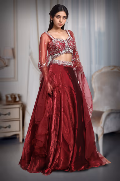 Cherry Red Pre Wedding Lehenga With Exquisite Stoneworked Crop Top Along With Same Color Dupatta — view 3 of 3