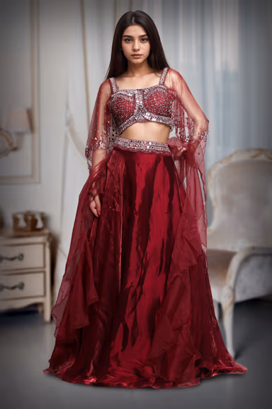 Cherry Red Pre Wedding Lehenga With Exquisite Stoneworked Crop Top Along With Same Color Dupatta — view 2 of 3