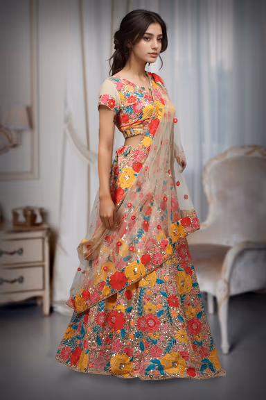 Chikoo Multicolour Threadwork Floral Lehenga — view 3 of 3