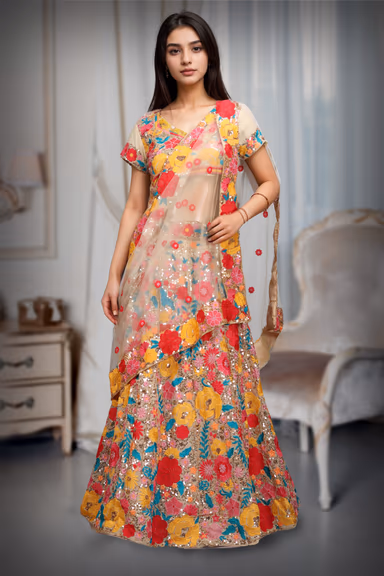 Chikoo Multicolour Threadwork Floral Lehenga — view 2 of 3