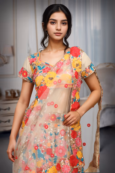 Chikoo Multicolour Threadwork Floral Lehenga — view 1 of 3