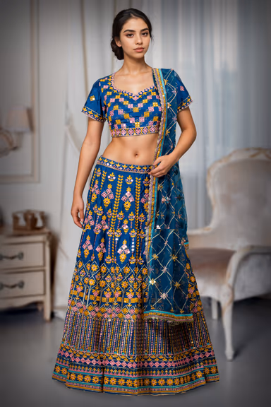 Cobalt Blue Heavy Worked Lehenga With Contrast Colour Threadwork Details And Same colour Dupatta — view 2 of 2