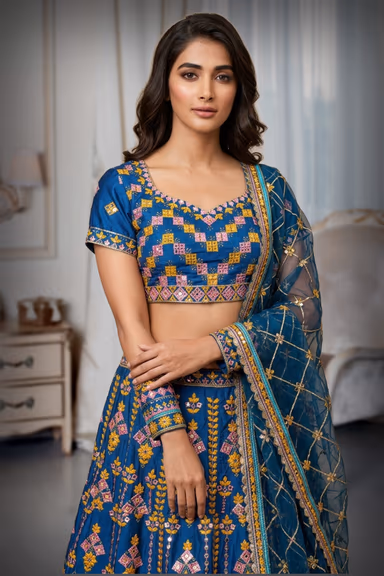 Cobalt Blue Heavy Worked Lehenga With Contrast Colour Threadwork Details And Same colour Dupatta — view 1 of 2