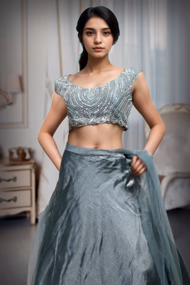 Cold Steel Blue Pre Wedding Lehenga With Exquisite Stoneworked Crop Top Along With Same Color Dupatta — view 1 of 2