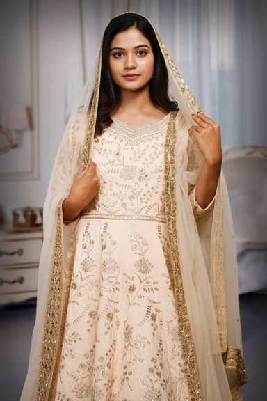 Cream Pre Wedding Gown With Thread And Sequins Embroidery All Over The Gown — view 1 of 2