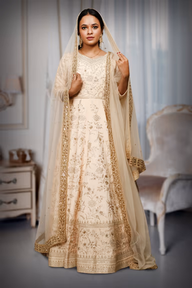 Cream Pre Wedding Gown With Thread And Sequins Embroidery All Over The Gown — view 2 of 2