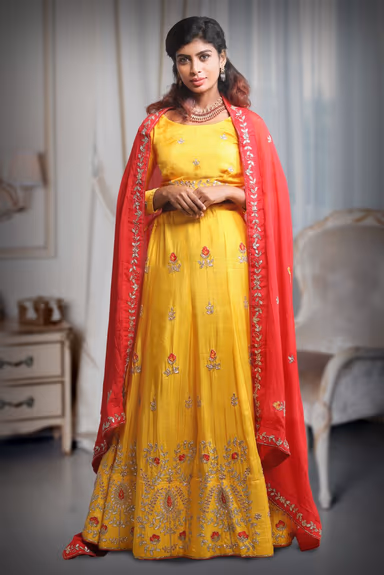 Cut Beads Handworked Yellow Lehenga Skirt With Minimal Design Blouse And Handworked Red Dupatta — view 2 of 5
