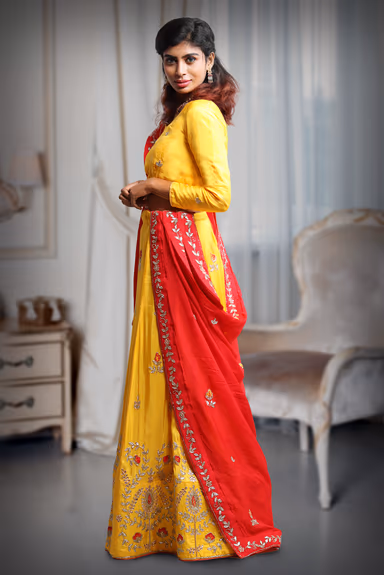 Cut Beads Handworked Yellow Lehenga Skirt With Minimal Design Blouse And Handworked Red Dupatta — view 4 of 5