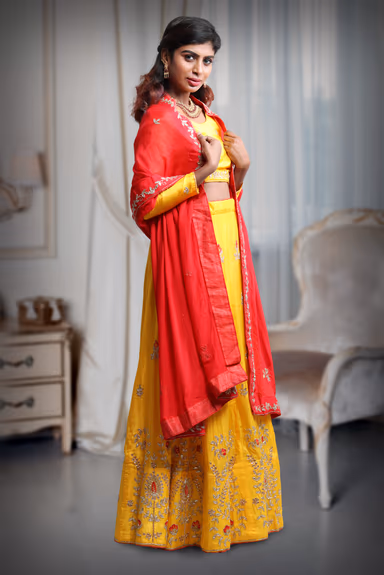Cut Beads Handworked Yellow Lehenga Skirt With Minimal Design Blouse And Handworked Red Dupatta — view 3 of 5