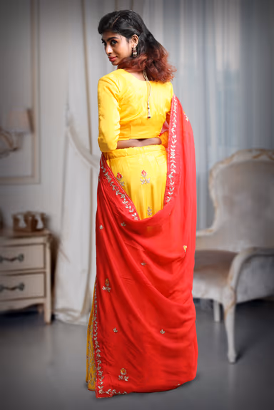 Cut Beads Handworked Yellow Lehenga Skirt With Minimal Design Blouse And Handworked Red Dupatta — view 5 of 5