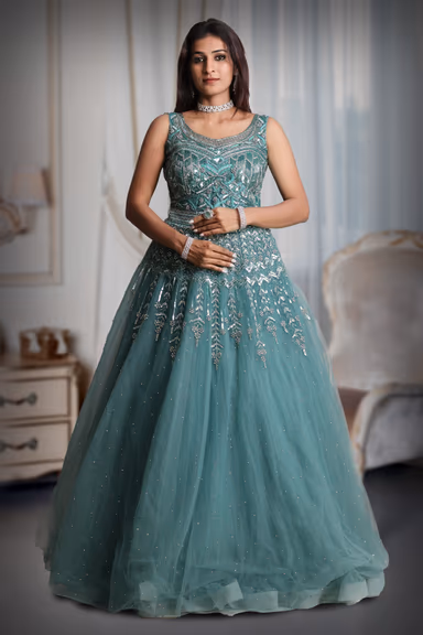 Cyan Blue Colour Sleeveless Gown With Stone Work Detailing On Yoke And Same Colour Dupatta — view 2 of 5