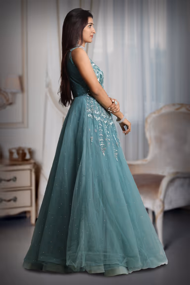 Cyan Blue Colour Sleeveless Gown With Stone Work Detailing On Yoke And Same Colour Dupatta — view 4 of 5