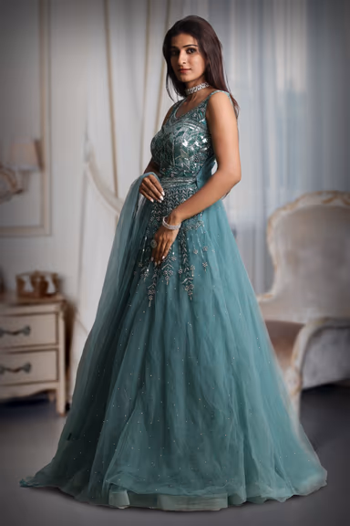 Cyan Blue Colour Sleeveless Gown With Stone Work Detailing On Yoke And Same Colour Dupatta — view 3 of 5