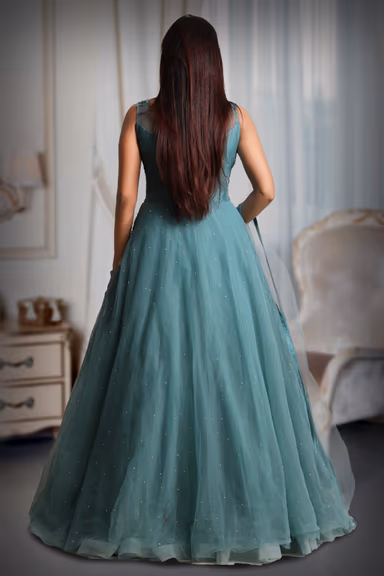 Cyan Blue Colour Sleeveless Gown With Stone Work Detailing On Yoke And Same Colour Dupatta — view 5 of 5