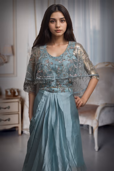 Cyan Blue Draped Indowestern With Stone Work Cape Details — view 1 of 2