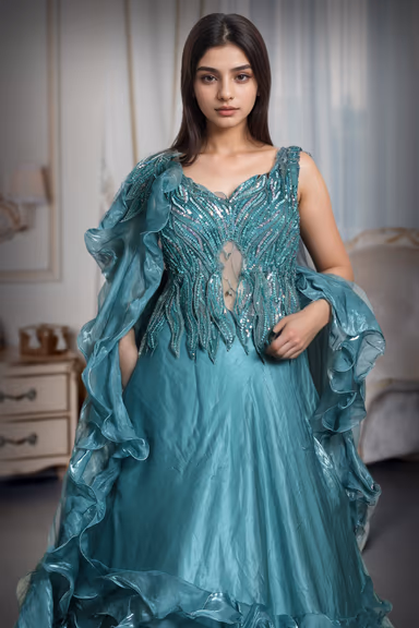 Cyan Blue Tissue Silk Lehenga With Heavy Stone Worked Blouse And Ruffle skirt — view 1 of 3