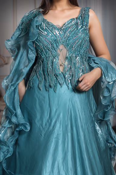 Cyan Blue Tissue Silk Lehenga With Heavy Stone Worked Blouse And Ruffle skirt — view 3 of 3