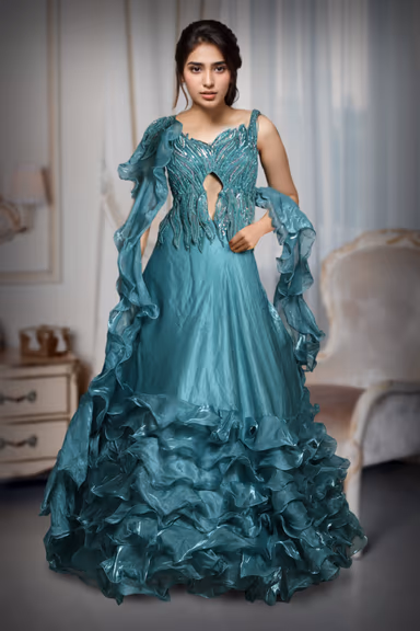 Cyan Blue Tissue Silk Lehenga With Heavy Stone Worked Blouse And Ruffle skirt — view 2 of 3