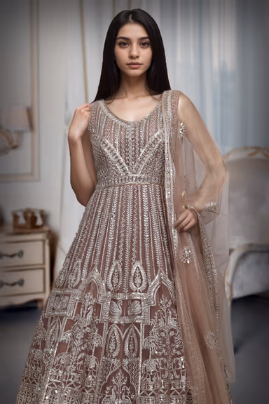 Dark Beige Pre Wedding Lehenga With Intricate Stone Work Details Along With Same Color Dupatta — view 1 of 2
