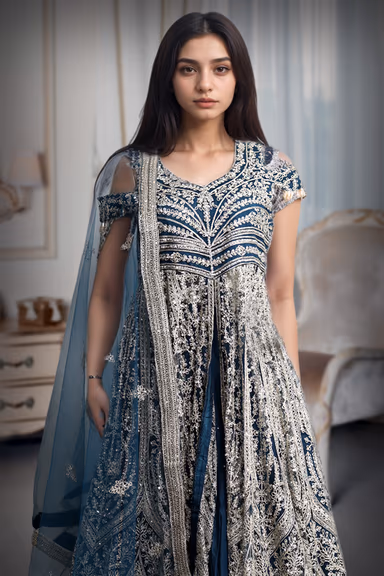 Dark Blue Cold Shoulder Anarkali Lehenga With Same Color Dupatta — view 1 of 3