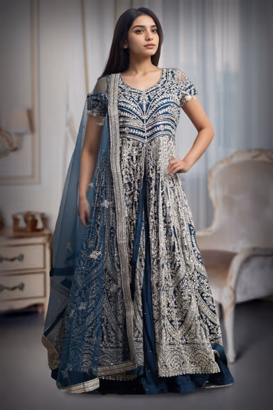 Dark Blue Cold Shoulder Anarkali Lehenga With Same Color Dupatta — view 2 of 3