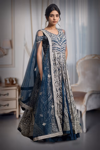 Dark Blue Cold Shoulder Anarkali Lehenga With Same Color Dupatta — view 3 of 3