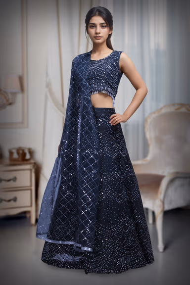 Dark Blue Net Lehenga With Threadwork And Stone Work Details And Same Colour Dupatta — view 2 of 3