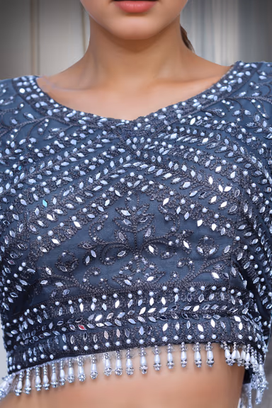 Dark Blue Net Lehenga With Threadwork And Stone Work Details And Same Colour Dupatta — view 3 of 3