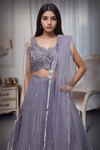 Dark Lavender Pre Wedding Lehenga With Uniform Stone Worked Skirt, Exquisite Stoneworked Crop Top Along With… — view 2 of 2