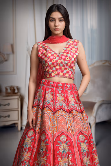 Dark Majentha Lehenga With Multi Color Embellishments Detail In Skirt Part Along With Crop Top And Same Color… — view 1 of 2
