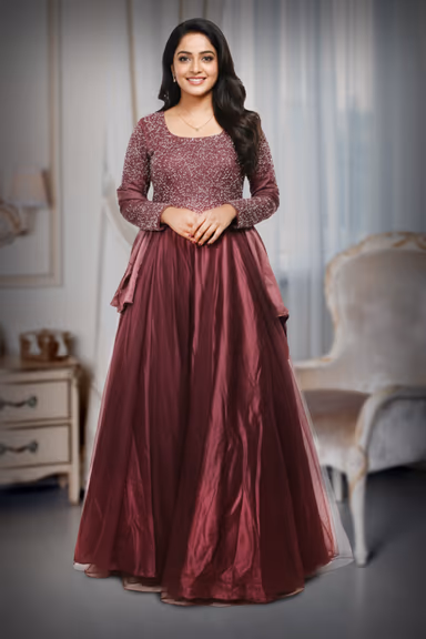 Dark Mauve Pre Wedding Gown With Thread And Sequins Embroidery All Over The Gown — view 2 of 2