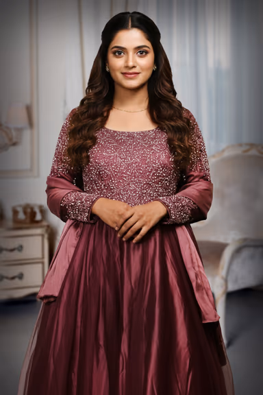Dark Mauve Pre Wedding Gown With Thread And Sequins Embroidery All Over The Gown — view 1 of 2