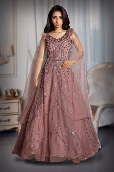 Dark Mauve Heavy Net Gown With Heavy Handwork Details And Shoulder Embellished With Feathers — view 2 of 4