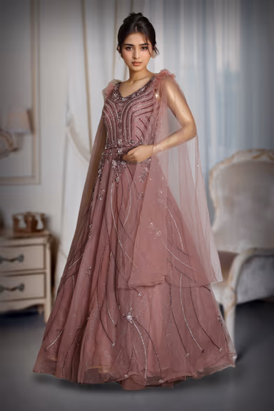 Dark Mauve Heavy Net Gown With Heavy Handwork Details And Shoulder Embellished With Feathers — view 3 of 4