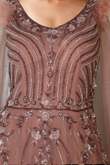 Dark Mauve Heavy Net Gown With Heavy Handwork Details And Shoulder Embellished With Feathers — view 4 of 4
