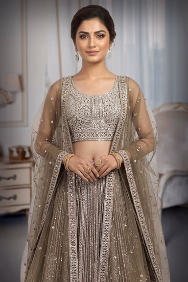 Dark Olive Green Pre Wedding Lehenga With Intricate Stone Work Details Along With Same Color Dupatta — view 1 of 3