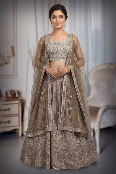 Dark Olive Green Pre Wedding Lehenga With Intricate Stone Work Details Along With Same Color Dupatta — view 2 of 3
