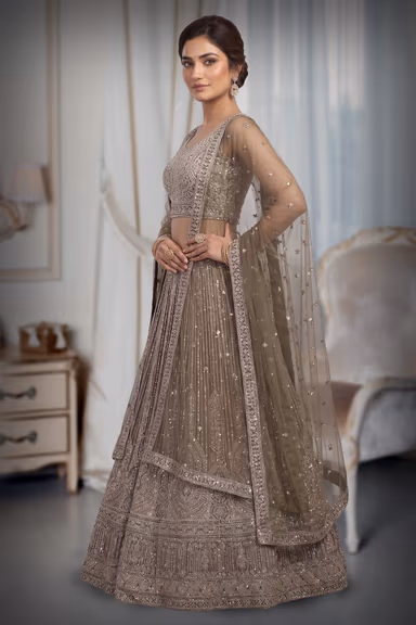 Dark Olive Green Pre Wedding Lehenga With Intricate Stone Work Details Along With Same Color Dupatta — view 3 of 3