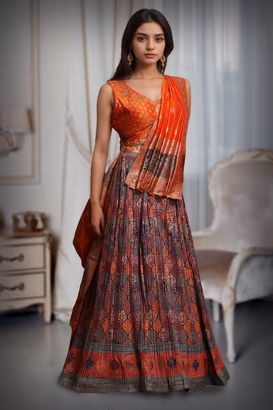 Dark Orange Printed Pre Wedding Lehenga With Heavy Detailed Dupatta In Same Color Coordination — view 1 of 3
