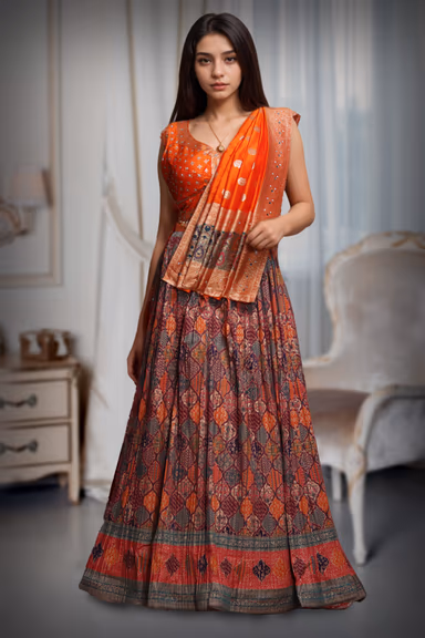 Dark Orange Printed Pre Wedding Lehenga With Heavy Detailed Dupatta In Same Color Coordination — view 2 of 3