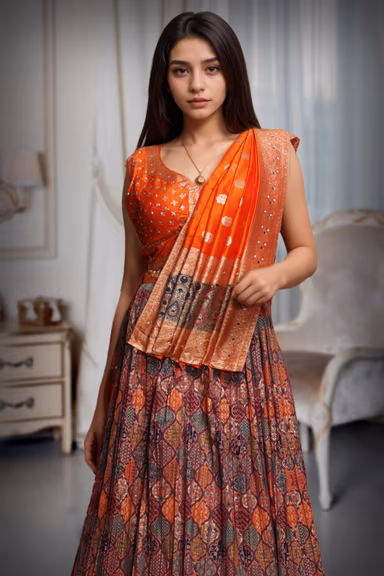 Dark Orange Printed Pre Wedding Lehenga With Heavy Detailed Dupatta In Same Color Coordination — view 3 of 3