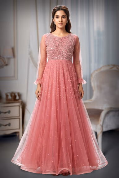 Dark Peach Netted Gown , 3/4th sleeve and stone worked Bodice — view 2 of 2