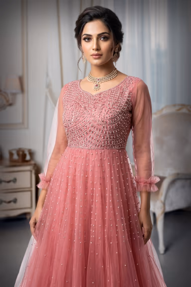 Dark Peach Netted Gown , 3/4th sleeve and stone worked Bodice — view 1 of 2