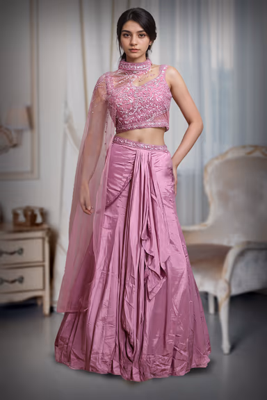 Dark Pink Indowestern Draped Skirt With Crop Top And Single Side Cape — view 2 of 4