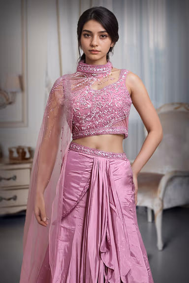 Dark Pink Indowestern Draped Skirt With Crop Top And Single Side Cape — view 1 of 4