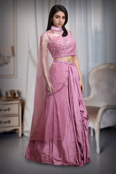 Dark Pink Indowestern Draped Skirt With Crop Top And Single Side Cape — view 3 of 4