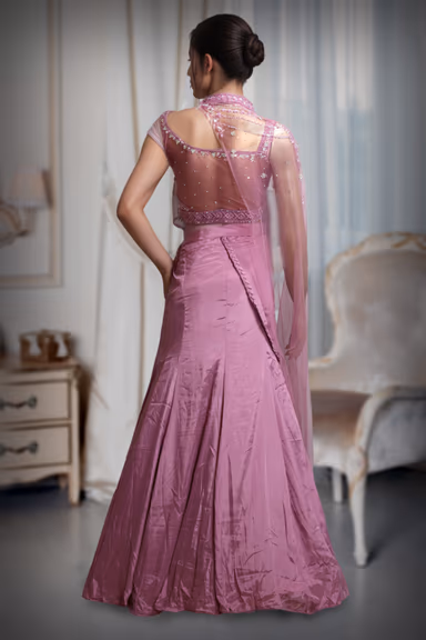 Dark Pink Indowestern Draped Skirt With Crop Top And Single Side Cape — view 4 of 4